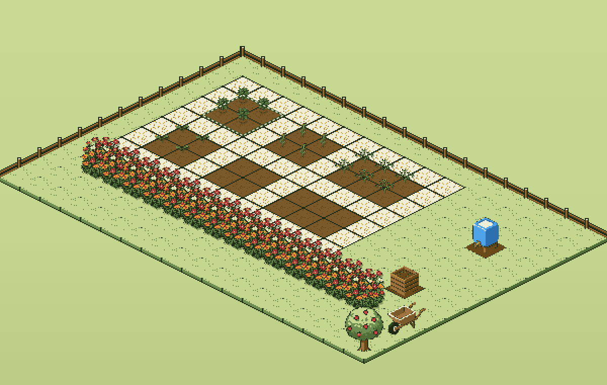 Jardin d’exemple en pixel art vu en perspective : planches de légumes au 20 avril, bande fleurie, cuve, composteur et pommier.