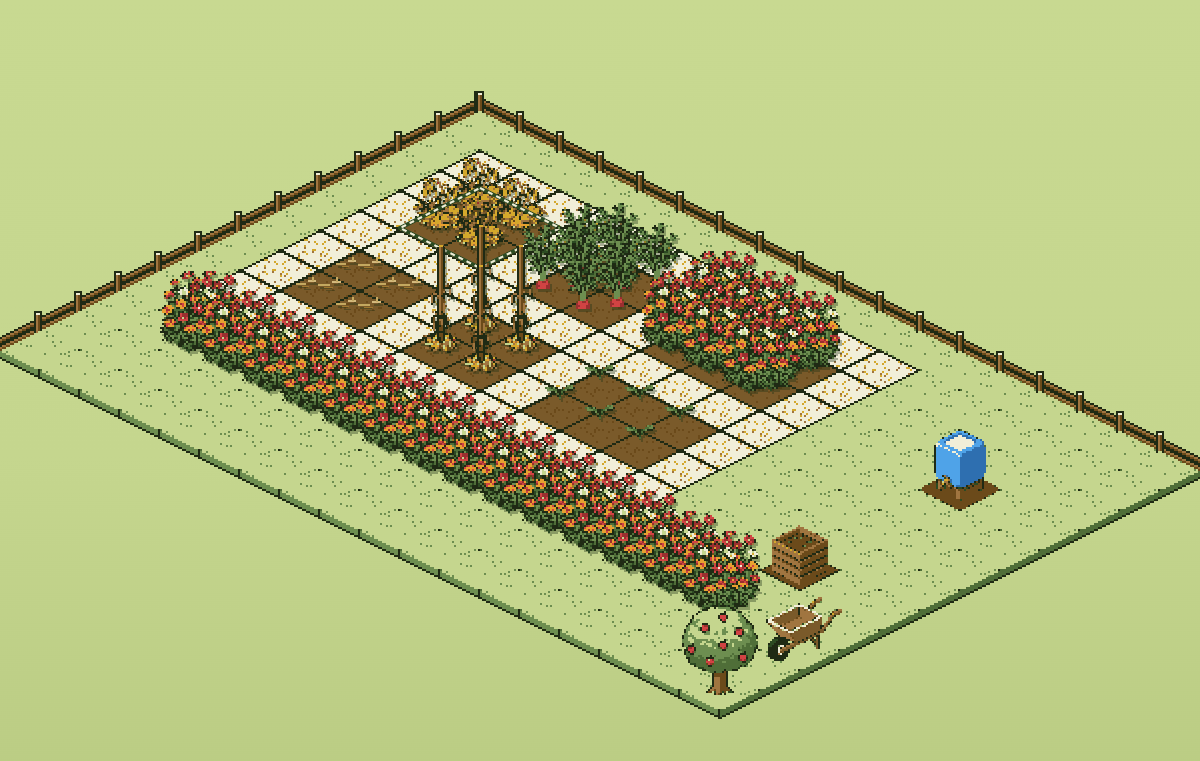 Jardin d’exemple en pixel art vu en perspective : planches de légumes au 10 août, bande fleurie, cuve, composteur et pommier.