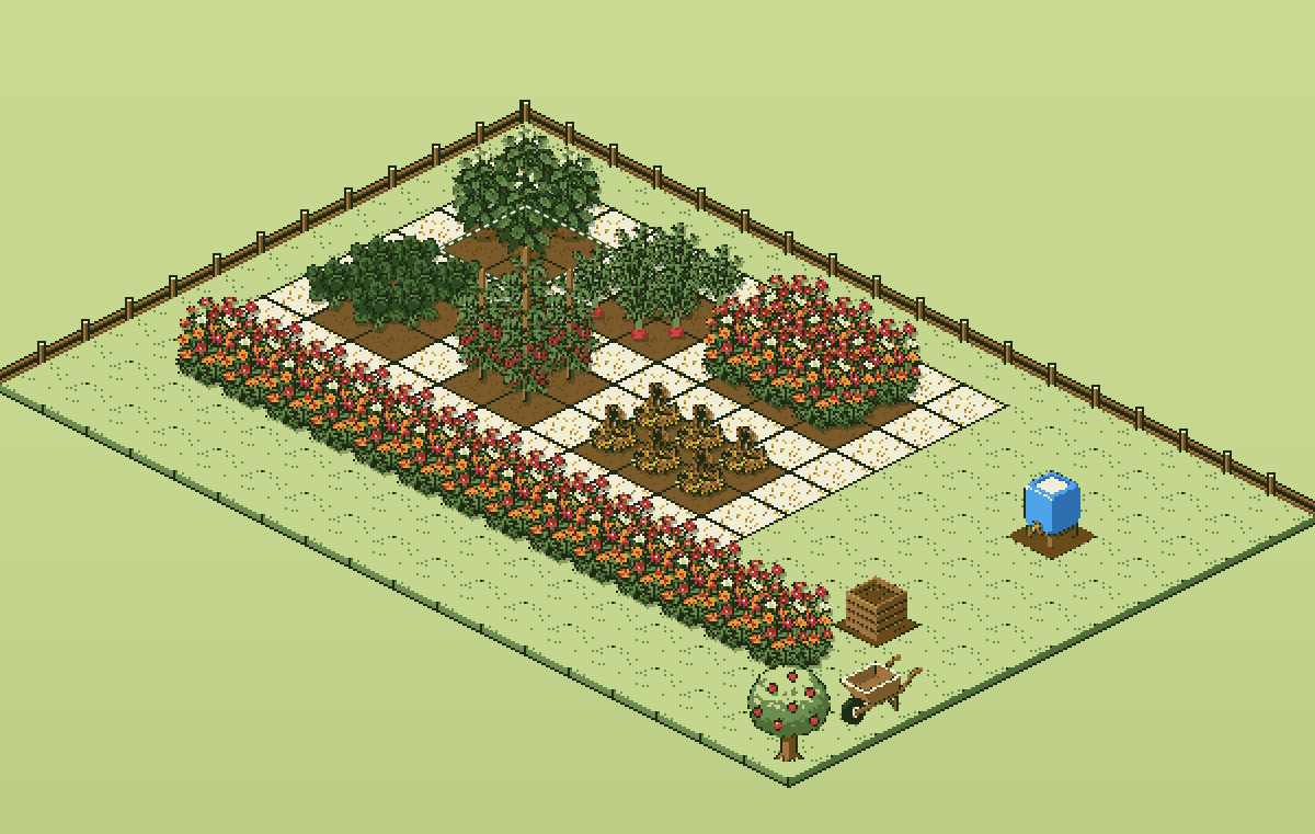 Jardin d’exemple en pixel art vu en perspective : planches de légumes au 20 juin, bande fleurie, cuve, composteur et pommier.