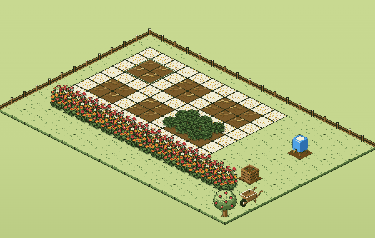 Jardin d’exemple en pixel art vu en perspective : planches de légumes au 15 octobre, bande fleurie, cuve, composteur et pommier.